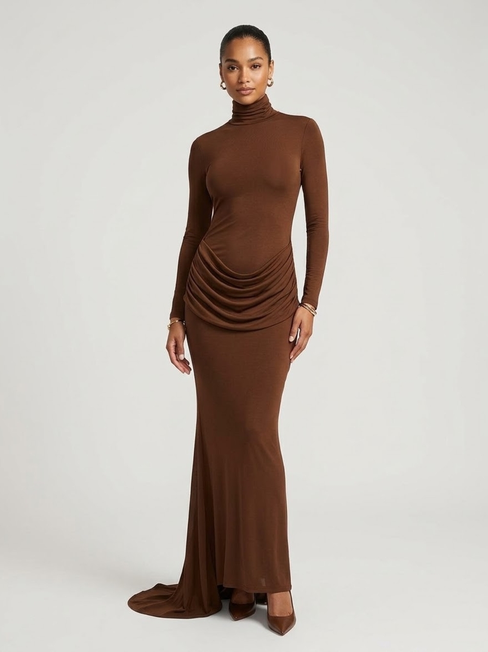 Brown Turtleneck Draped Waist Maxi Dress - Women